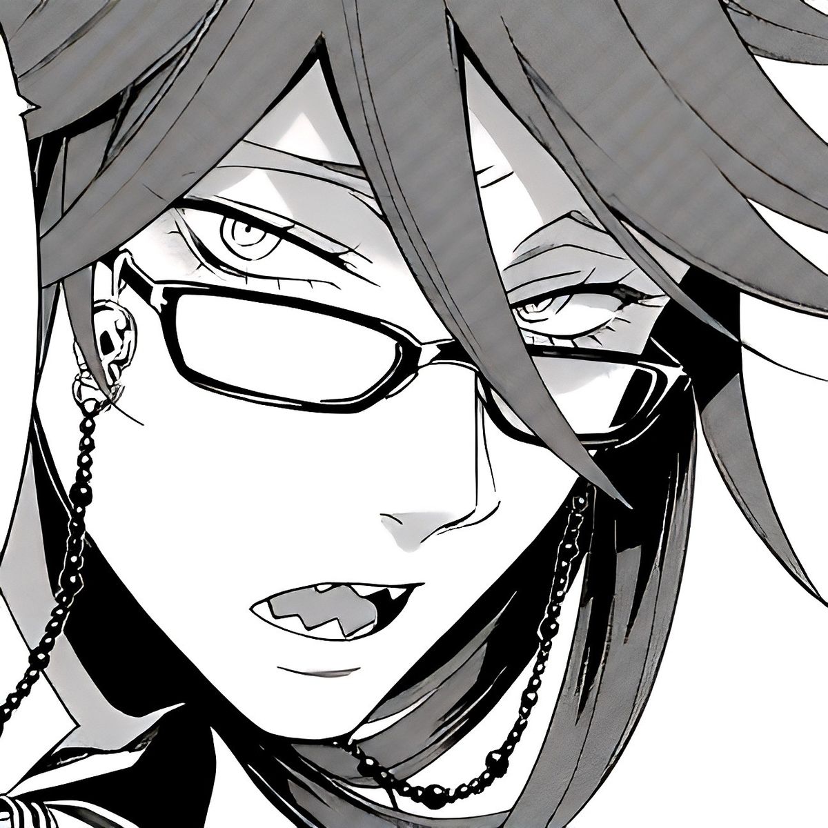 manga panel of Grell Sutcliff's face up-close